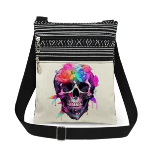 Canvas crossbody bag with colorful skull floral print double zipper shoulder bag for women