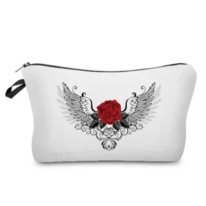 White cosmetic bag featuring red rose and angel wings print, ideal for travel and daily use.