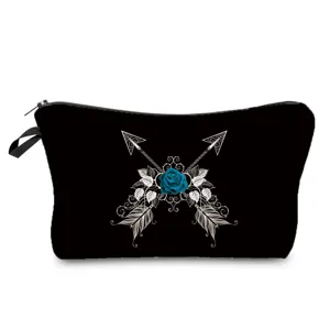Black cosmetic bag with blue rose and arrow print, portable zipper travel makeup pouch.