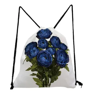 Blauer Blumen Print Turnbeutel, lässiger Stoffbeutel mit Kordelzug für Damen und Mädchen.