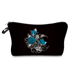 Portable cosmetic bag with blue rose and gear print, ideal for travel and daily makeup storage.