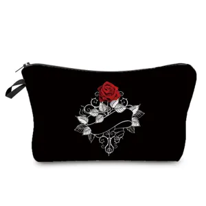 Black cosmetic pouch featuring a red rose graphic, portable zipper makeup storage bag.