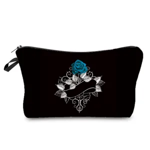Detailed view of the black travel cosmetic pouch featuring a blue rose print, compact zipper design.