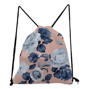 Lässiger Blumen Kordelzug Rucksack für Damen, rosa blaue Rosen Print Stoffbeutel Freizeit Tasche.