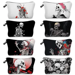 Gothic Rose Skull Digital Printed Makeup Bag Polyester Travel Toiletry Organizer Pouch Lightweight Durable Wash Bag With Side Handle
