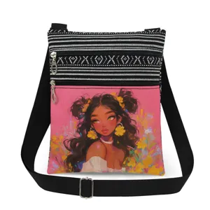 Fashion Canvas Women Crossbody Bag Double Zipper Black Girl Print Messenger Bag Striped Splicing Shoulder Bag Casual Travel Handbag