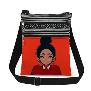 Cartoon girl print crossbody bag with double zippers, stylish casual canvas shoulder bag for women.