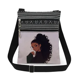 Canvas crossbody bag detail featuring double zippers, stripes and curly girl cartoon print.