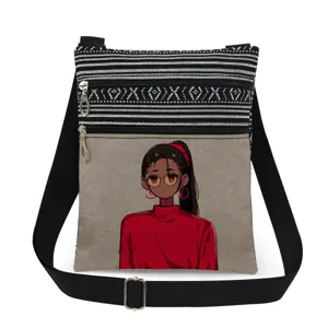 Casual canvas crossbody bag with black and white stripes and cute cartoon girl print design.