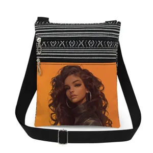 Stylish black and white striped crossbody bag with chic curly girl print and dual zippers.