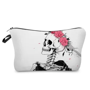 Rose skull print cosmetic bag, stylish zipper toiletry pouch, lightweight travel makeup storage.