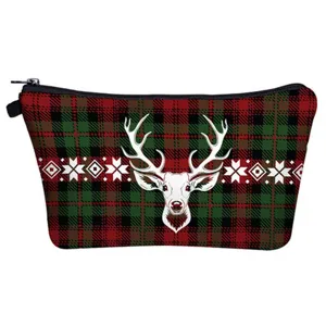 Weihnachten Kariert Kosmetiktasche mit Hirschen Muster, Reise Make-up Beutel Detail.