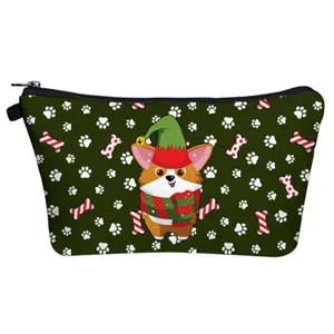 Weihnachten Corgi Muster Kosmetiktasche Detailansicht, Feiertag Make-up Beutel Textur.
