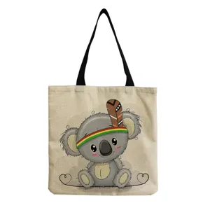 Casual τσάντα shopper από λινό με χαριτωμένο print κόαλα, πρακτική ελαφριά τσάντα ώμου
