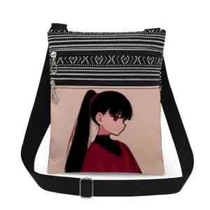 Cartoon girl print detail on the stylish double zipper canvas crossbody shoulder bag.