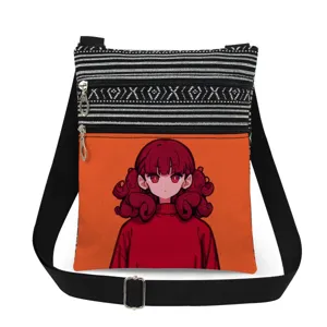 Canvas crossbody bag with anime girl print, double zipper, adjustable strap for casual daily use.