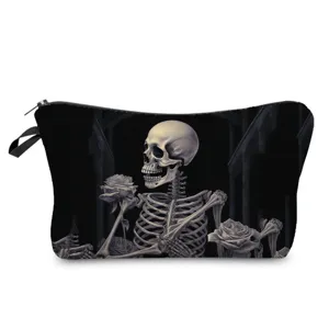 Gothic skeleton rose print cosmetic bag, black and white vintage toiletry pouch with zipper.