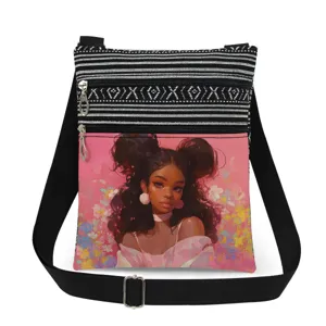 Canvas crossbody bag featuring a stylish Black girl print, double zipper design, and black strap.