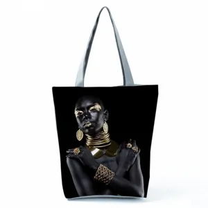 Γυναιkɛía τσάντα καμβά shopper, κομψή τσάντα ώμου με μαύρη καλλιτεχνική εκτύπωση, μεγάλη.