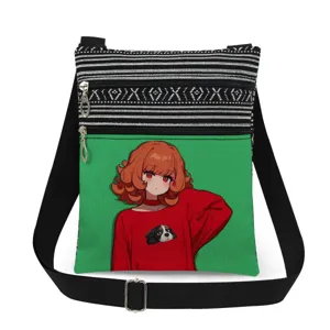 Detailed view of the anime girl print canvas crossbody bag featuring dual zippers and woven trim.