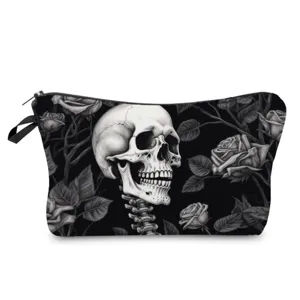 Black and white skull roses cosmetic bag stylish makeup pouch travel storage organizer.