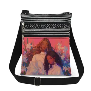 Detail view of the black and white stripe crossbody bag featuring stylish black girls art print.