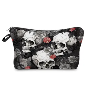 Skull rose pattern makeup bag detail view, showing zip closure and portable design structure.