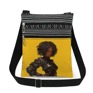 Stylish canvas crossbody bag with double zippers, cool anime girl print and striped top.