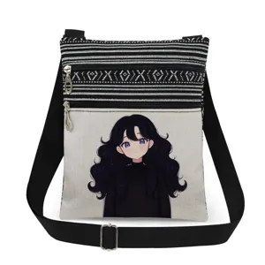 Canvas crossbody bag detail showing the anime girl graphic print and zipper pockets.