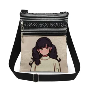 Detail view of the casual canvas crossbody bag featuring anime girl print and striped pattern.