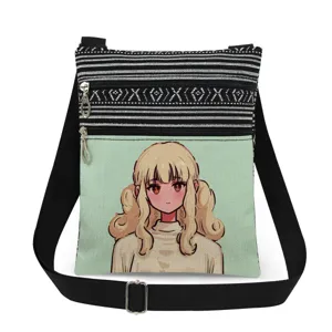 Canvas crossbody bag with double zippers, cartoon girl print, striped design and adjustable strap.