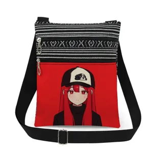 Anime print canvas crossbody bag, double zipper detail, adjustable strap, casual bag.