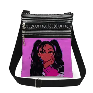 Double zipper cartoon girl print canvas crossbody bag casual fashion shoulder bag for women