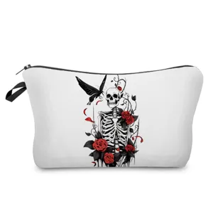 Gothic skeleton and red rose print cosmetic makeup bag featuring a black zipper closure.
