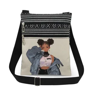 Fashion cartoon girl print canvas crossbody bag with dual zippers and adjustable strap.