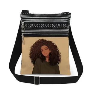 Canvas crossbody shoulder bag with dual zippers and lovely curly hair girl graphic detail.