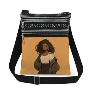 Detailed view of the stylish double zipper crossbody bag featuring a cute cartoon girl print.