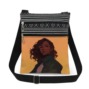 Canvas crossbody bag with stylish cartoon girl graphic print and black white stripes.
