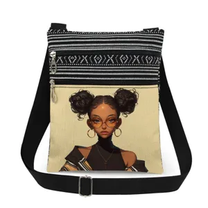 Detailed view of double-zipper cartoon girl print canvas crossbody shoulder bag.
