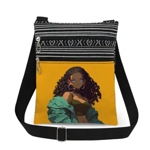 Stylish canvas crossbody bag with anime girl print, double zipper, and trendy striped design.