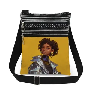 Close-up details of stylish crossbody bag with double zipper and chic cartoon girl print.