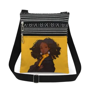 Double zipper crossbody bag with cartoon girl print, fashion casual shoulder handbag style.