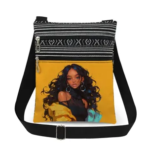 Cartoon girl print crossbody bag detail, stylish double zipper shoulder bag for daily use.
