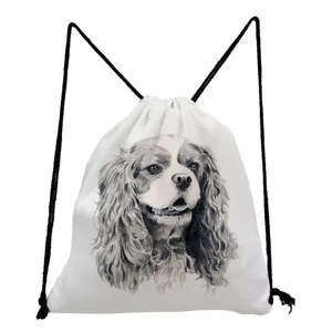 Lightweight canvas drawstring backpack featuring stylish Cavalier King Charles Spaniel dog sketch.