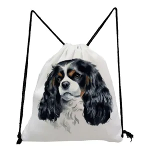 Canvas drawstring backpack featuring a cute Cavalier King Charles Spaniel dog print for daily use.