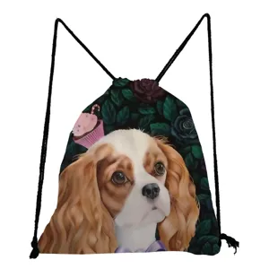 Lightweight student drawstring backpack with cute Cavalier King Charles Spaniel dog print.