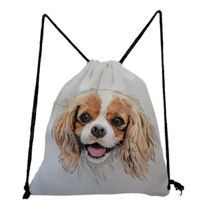 Detail view of lightweight canvas drawstring backpack featuring cute dog watercolor print.