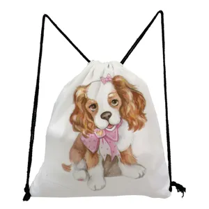 White canvas drawstring backpack with cute puppy print for casual daily outdoor travel use.
