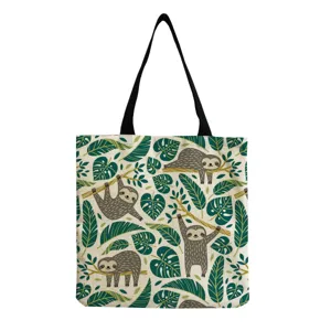 Sac cabas en toile imprimé paresseux mignon, sac à main d'épaule décontracté avec motif de feuilles.