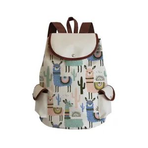 Canvas backpack detail showing cute alpaca pattern, brown straps and convenient side pockets.